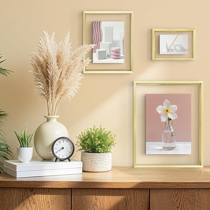 Frametory, Floating Picture Frames Set - Gold Metal Photo Frames - Real Glass - Displays One 11x14, Two 8x10, And Four 5x7 Inch Photos for Home Decoration