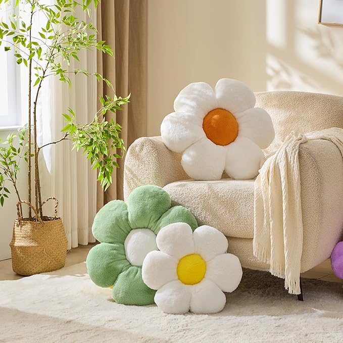 CANGHI Flower Pillow, White Yellow 19.68 inch Flower Shaped Throw Pillows Daisy Plush Pillow Floor Pillows Seat Cushion Cute Aesthetic Decorative Throw Pillows for Bed Home Sofa Chair Couch Decor