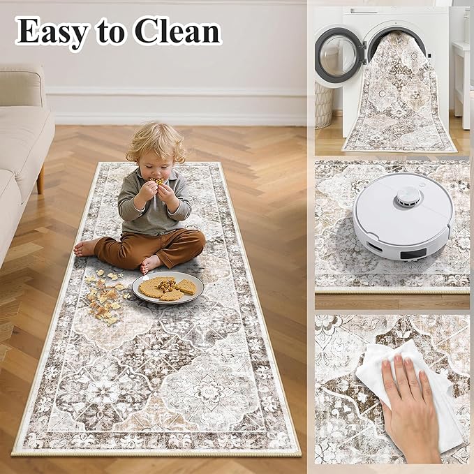 Ileading Washable Hallway Runner Rugs, 2x6 Non Slip Runners Area Rug for Entryway Kitchen Bathroom Bedroom Laundry Living Room, Long Narrow Low-Pile Floor Carpet Boho Vintage Throw Mat for Kids Room