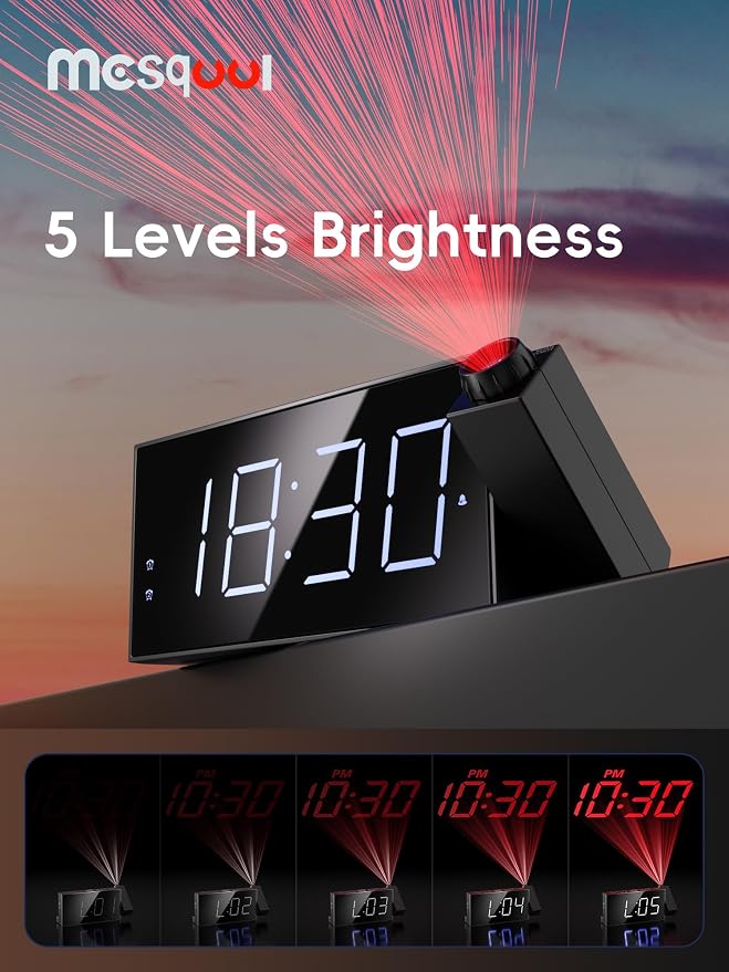Mesqool Projection Alarm Clock with Loud Bed Shaker, Dual Alarms | 5-level Dimmer, USB charger, Snooze & DST, Loud Vibrating Alarm with Battery Backup, Perfect for Heavy Sleepers - Image 4