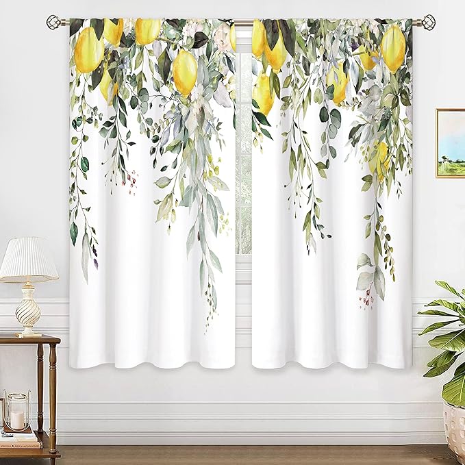 Yellow Lemon Eucalyptus Botanical Leaves Floral Window Curtains Sage Green Watercolor Flower Plant Farmhouse Curtain Drapes Herb Curtains for Bedroom Living Room Treatment 42Wx63H Inch