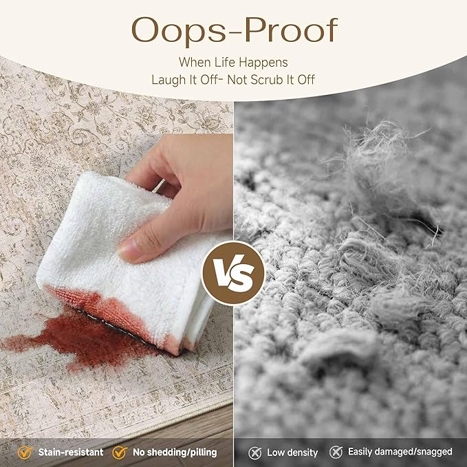 10x14 Washable Area Rug Beige Vintage Non Slip Soft Low Pile Rug for Living Room Bedroom Dining Room Office Distressed Oriental Indoor Large Throw Carpet for Home Decor