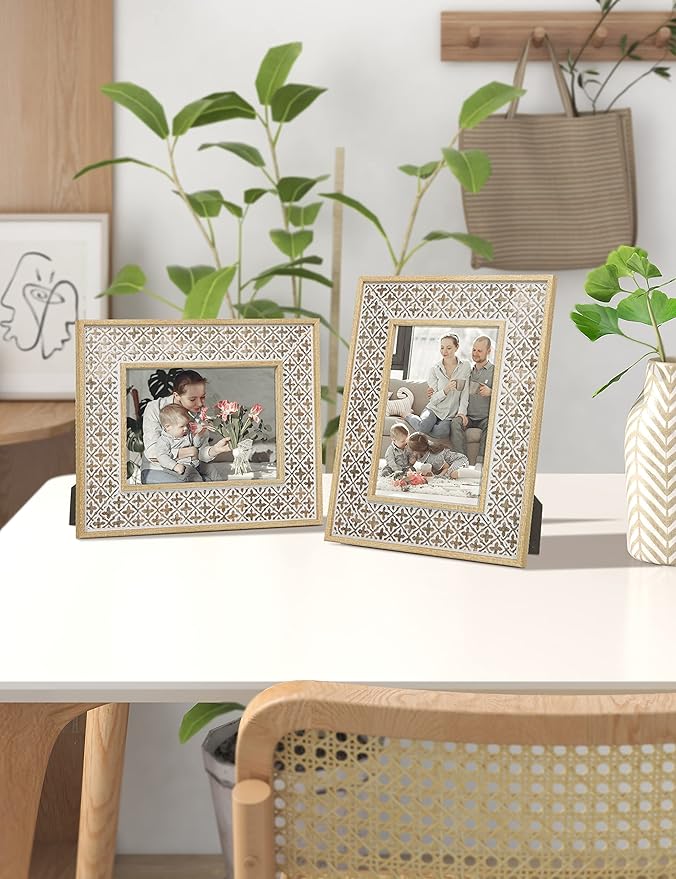 Afuly 5x7 Picture Frames Distressed Moroccan Relief Boho Photo Frame Shabby Chic 3D Cross Pattern Frame for Wall Tabletop, Wedding Birthday Gifts for Mom Grandma, Set of 2