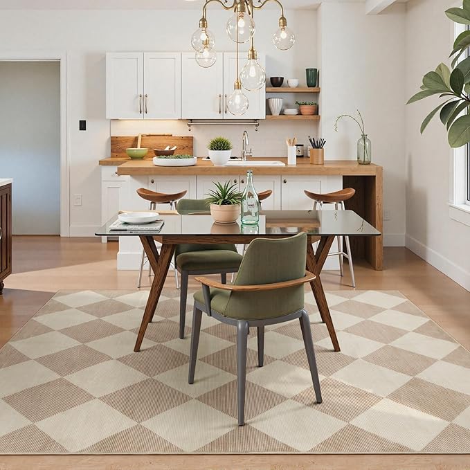 Beeiva Checkered Print 5x7 Washable Area Rugs for Bedroom, Non Slip Ultra Thin Beige Rugs for Living Room, Geometric Plaid Dorm Decor Soft Low Pile Carpet for Office Kids Room Classroom