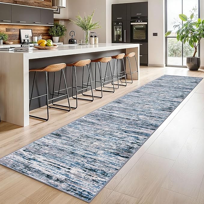 Lansny Modern Abstract Runner Rug 2.6x14, Grey Blue White Washable Long Kitchen Runner Non-Slip Soft Hallway Rug Runner Thin Print Faux Wool Carpet for Entryway Bedroom Laundry Room Indoor Home Decor