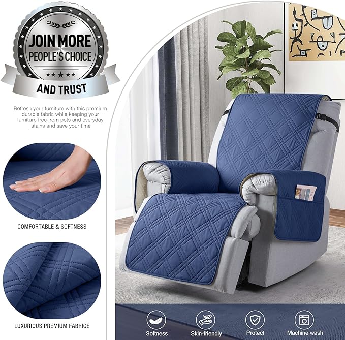 TAOCOCO 100% Waterproof Recliner Chair Covers, Non Slip Recliner Covers for Recliner Chair with Pocket, Washable Reclining Chair Cover Furniture Protector for Kids,Dogs(22'', Ocean Blue)