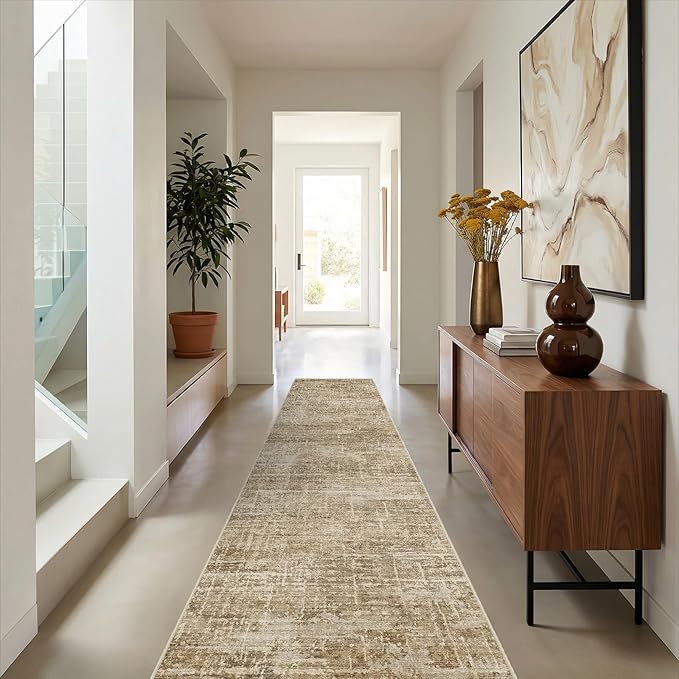2x10 Washable Hallway Runner Rug - Modern Abstract Neutral Long Carpet with Non-Slip Backing Low-Pile Stain-Resistant Thin Runners for Kitchen Bathroom Bedroom Entryway (2x10，Tan/Brown)