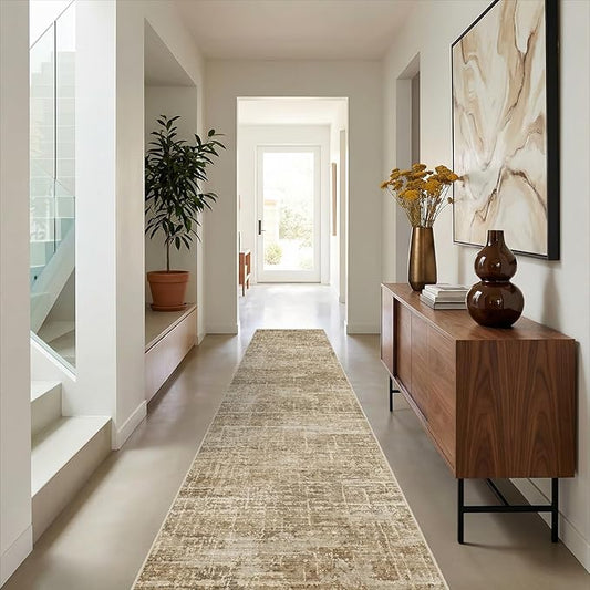 2x10 Washable Hallway Runner Rug - Modern Abstract Neutral Long Carpet with Non-Slip Backing Low-Pile Stain-Resistant Thin Runners for Kitchen Bathroom Bedroom Entryway (2x10，Tan/Brown)