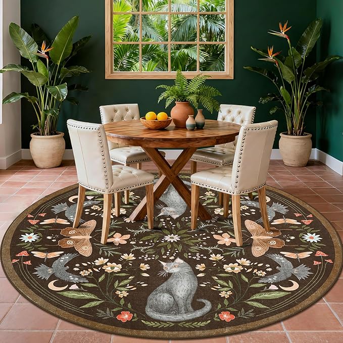 GarveeHome Round Area Rugs 5ft for Bedroom, Cat Brown Washable Circle Rug Soft Non Slip Mushroom Floral Floor Mat Carpet Indoor Thin Rug for Bedroom Dining Room Playroom Nursery Gothic Decor