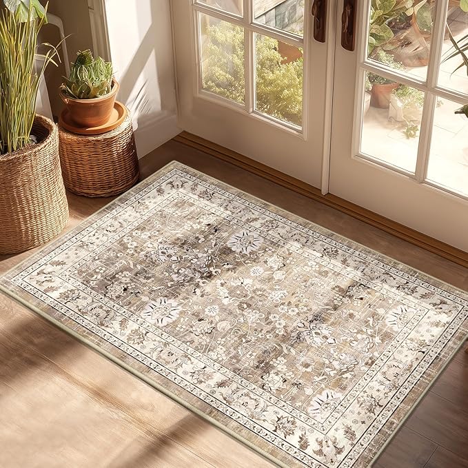 LOKHOM Washable Area Rug, 2x3 Non-Slip Hallway Rug Vintage Soft Small Kitchen Area Carpet, Boho Floral Faux Wool Door Mat Indoor Entrance Accent Throw Rugs for Bedroom Kitchen Laundry(Beige Brown)