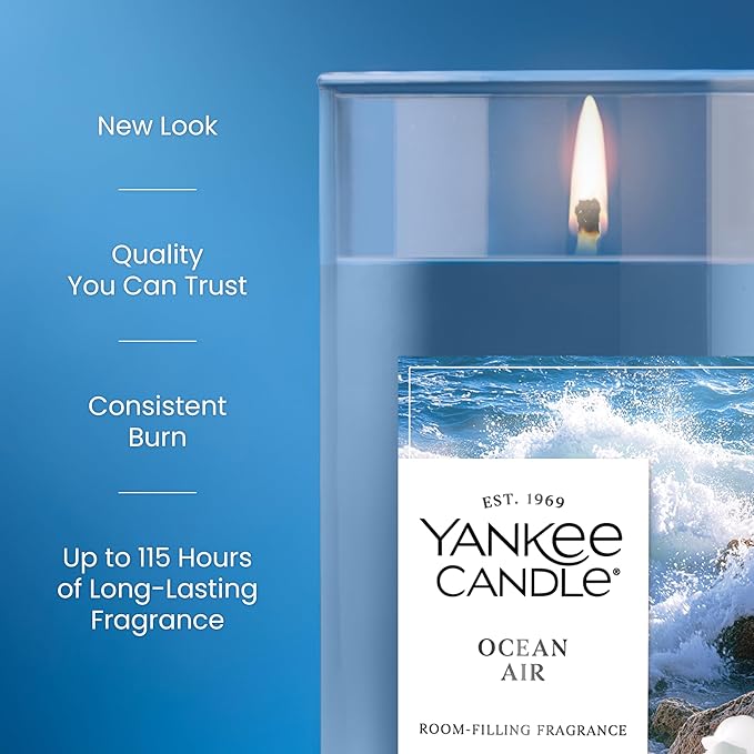 Yankee Candle Medium Pillar Scented Candle with up to 115 Hour Burn Time, Premium Plant Wax Blend for Consistent Burn, 14.25 oz Pillar Candle with Room Filling Fragrance, Ocean Air