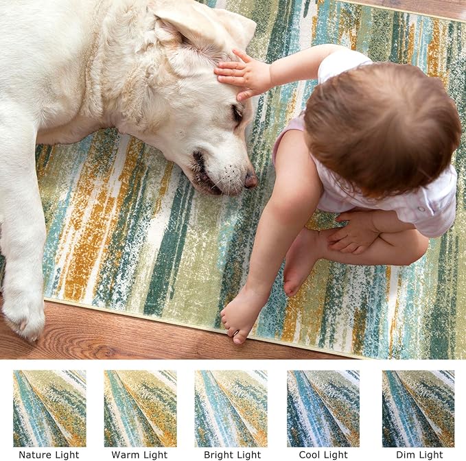 Lansny Modern Abstract Small Area Rug Indoor 3x5 Washable Rug Non-Slip Soft Entryway Rug Green Mustard Multi Kitchen Mats Thin Print Faux Wool Floor Carpet Throw Rugs for Entrance Bedroom Home Decor
