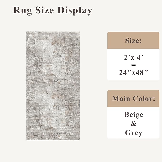2x4 Washable Entryway Area Rug - Non-Slip Modern Small Indoor Mat for Bathroom,Living Room,Bedroom - Abstract Neutral Soft Low-Pile Throw Carpet with Rubber Backing (Beige Grey)