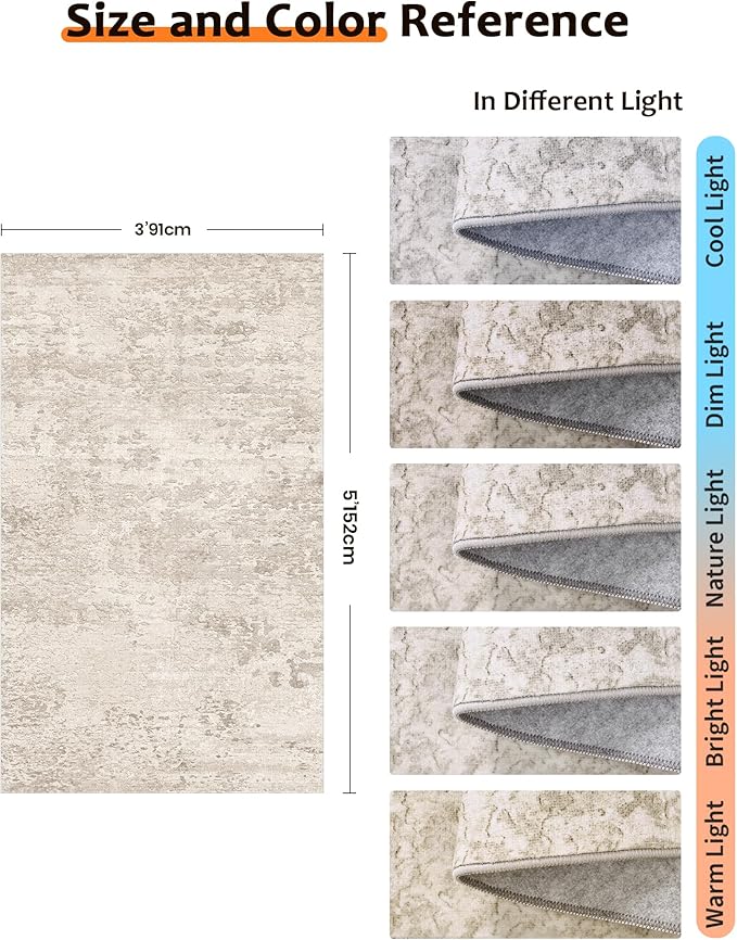 Art&Tuft Washable Rug 3x5 - Low-Pile 3x5 Area Rugs Runners, Soft Abstract Carpet Runner Rugs for Living Room Bedroom Bathroom Kitchen Laundry, Beige