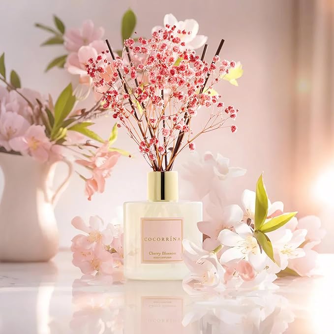COCORR??NA Reed Diffuser - Cherry Blossom 6.7 Fl.oz Reed Diffuser Set with Sticks & Preserved Baby's Breath, Reed Diffuser for Home Bathroom Shelf Decor