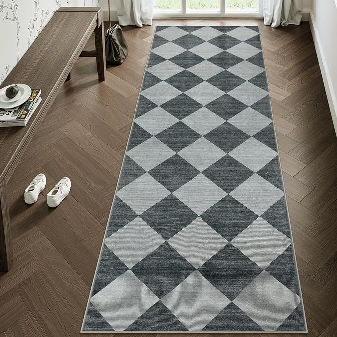 Beeiva Checkered Print Hallway Runner Rug 2.5x8, Ultra Thin Kitchen Runner Rugs Non Skid Washable 8ft, Moroccan Plaid Design Floor Carpet for Entryway Bedroom Bedroom, Gingham Geometric Home Decor