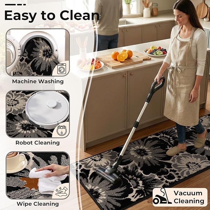 Findosom Washable Area Rug 3x5, Non Slip High-Low Textured Floral Rugs for Bedroom with Rubber Backing, Boho Carpet for Living Room, Kitchen, Entryway, Laundry, Black & Beige