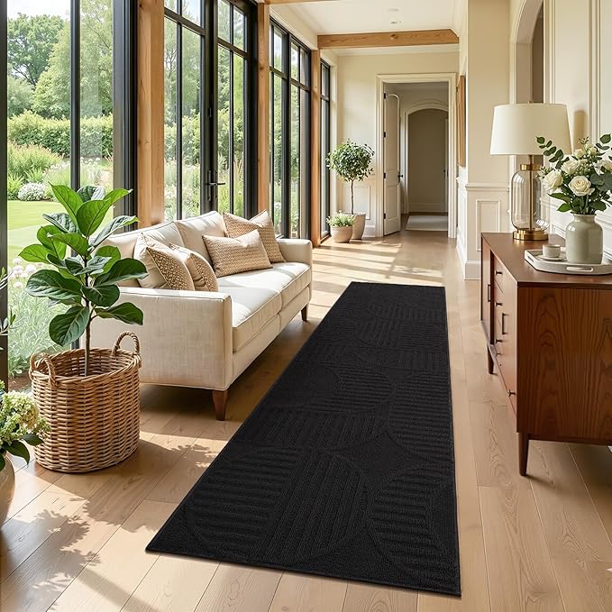 Findosom Washable Runner Rug 2x8, Geometric High-Low Textured Non Slip Hallway Runner Rug with Rubber Backing, Boho Carpet Runner for Kitchen, Bedroom, Laundry, Entryway, Bathroom, Black