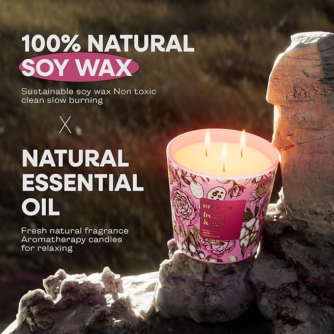 Giant Candle Freesia Rose Scented, 30oz Natural Non Toxic Soy Candles, 3 Wicks Aromatherapy Candles for Home Scented, Up to 100Hours Clean Burn,Long Lasting, Extra Large Jar Candles for Women