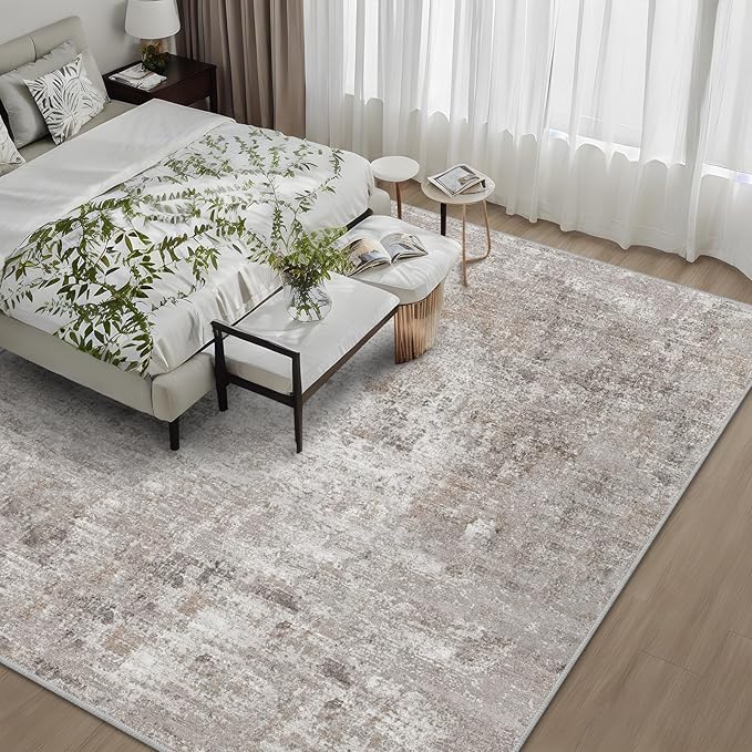 12x12ft Square Living Room Rug – Non-Slip Washable Extra Large Floor Carpet for Bedroom, Dining Room, Playroom Room – Modern Abstract Neutral Thin Low-Pile Big Indoor Rug (Beige Grey)