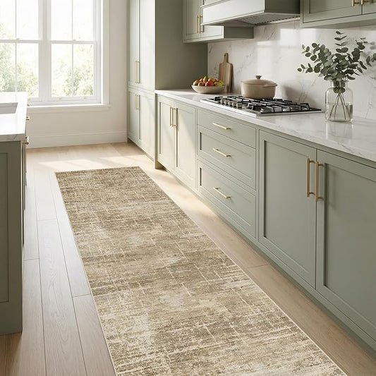 2x8 Washable Kitchen Runner Rug - Modern Abstract Neutral Carpet with Non-Slip Backing Low-Pile Stain-Resistant Thin Runners for Hallway Bathroom Bedroom Entryway (2x8，Tan/Brown)