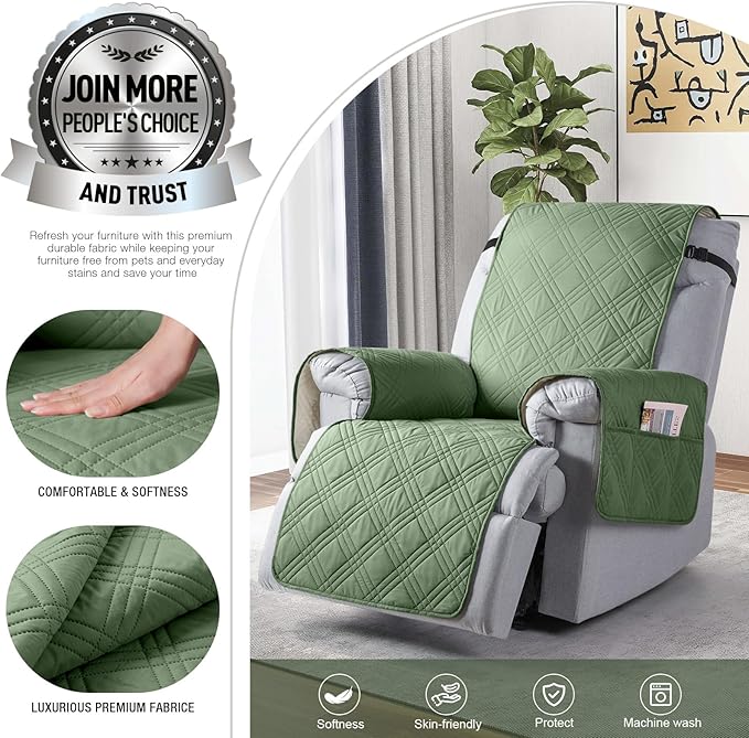 TAOCOCO 100% Waterproof Recliner Chair Covers, Non Slip Recliner Covers for Recliner Chair with Pocket, Washable Reclining Chair Cover Furniture Protector for Kids,Dogs(22'', Bean Green)