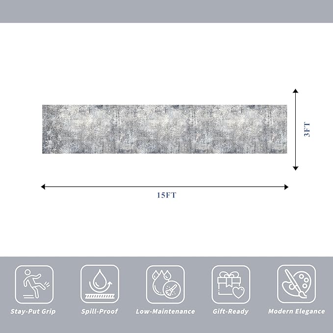 3x15 Ft Long Hallway Runner Rug – Non-Slip Washable Wide Kitchen Runner | Modern Abstract Floor Carpet for Indoor Entryway, Bedroom, Living Room (Blue Grey,3x15)