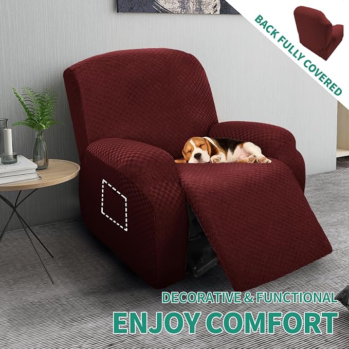 YEMYHOM 4 Pieces Stretch Recliner Slipcover Latest Jacquard Recliner Chair Cover with Side Pocket Anti-Slip Fitted Recliner Cover Couch Furniture Protector with Elastic Bottom (Recliner, Wine Red)