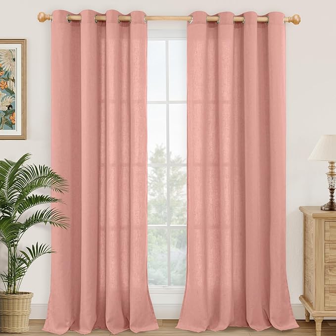 YoungsTex Dusty Rose Linen Curtains for Living Room Spring Decor, Blush Light Filtering Window Drapes with Grommet for Bedroom Privacy, 2 Panels, 52 X 95 Inch
