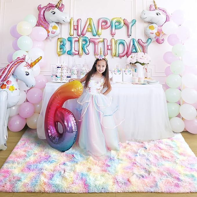 Noahas 4x6 Fluffy Rainbow Rugs for Bedroom Girls,Shag Pink Kids Room Rug,Shaggy Area Rugs for Living Room,Soft Fuzzy Colorful Playroom Nursery Dorm Carpets Room Decor