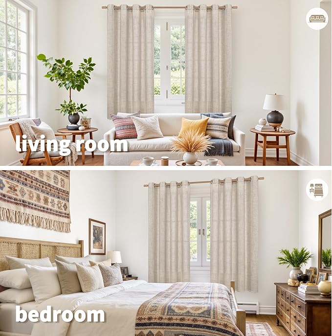 YoungsTex 68 Inch Length Linen Semi Sheer Curtains 2 Panels for Living Room, Light Filtering Textured Drapes with Bronze Grommet Beige Boho Window Treatments for Bedroom Dining, 52 x 68 Inch