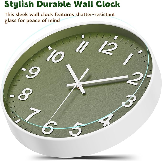 Silent Wall Clock Non-Ticking Battery Operated ?€? Modern Olive Green Analog Wall Clock for Living Room, Kitchen, Office, Bedroom ?€? Stylish Home Wall Decor Clock, 8 Inch