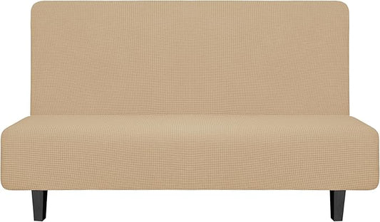 Easy-Going Stretch Futon Slipcover Armless Futon Bed Cover Furniture Protector Without Armrests with Elastic Bottom for Kids, Soft Jacquard Fabric Small Checks (Medium, Sand)