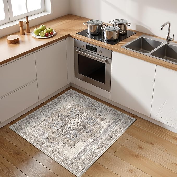 Washable Small 2x2 Rug Square - Boho Ultra Thin Soft Non Slip Rugs Multi-Use Stain Resistant Easy-Clean Carpets for High-Traffic Entryway, Kitchen, Pet Area, Bathroom & Dorm Decor 24x24 Beige