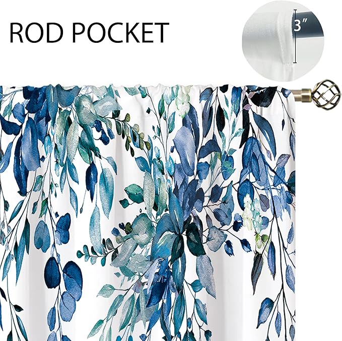 Teal Eucalyptus Botanical Leaves Floral Window Curtains Blue Watercolor Turquoise Flower Plant Wildflower Farmhouse Curtain Drapes Herb Curtains for Bedroom Living Room Treatment 52Wx84H Inch