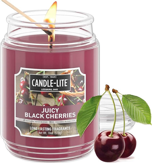 CANDLE-LITE Scented Juicy Black Cherries Fragrance, One 18 oz. Single-Wick Aromatherapy Candle with 110 Hours of Burn Time, Dark Red Color, Jar