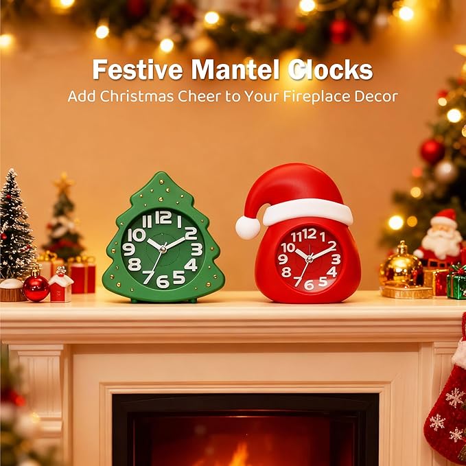 AYRELY?? Christmas Alarm Clock Gift Set ?€? 2 Silent Analog Clocks (Santa Hat & Christmas Tree), Ready-to-Gift Holiday Edition for Kids & Family, with Festive Gift Box