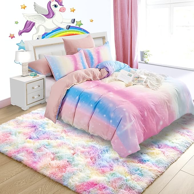 Noahas 6x9 Fluffy Rainbow Rugs for Bedroom Girls,Large Kids Room Rug,Shaggy Area Rugs for Living Room,Big Fuzzy Colorful Playroom Nursery Carpets Room Decor