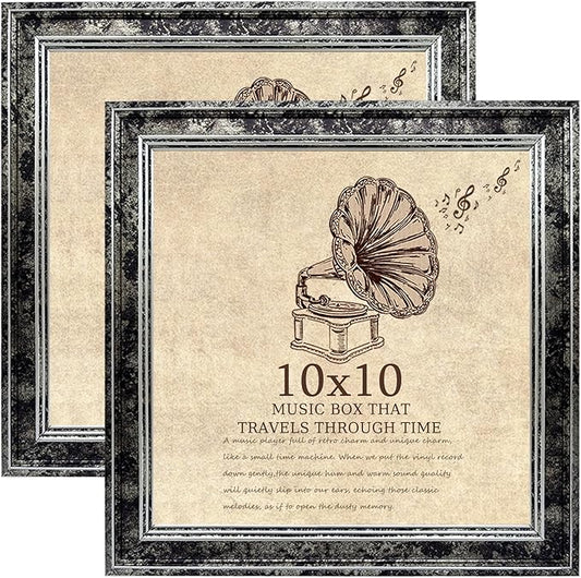 10x10 Picture Frame set of 2-Vintage Frames with Real Glass - Antique Style Frames for Wall - Ornate Frame for Classic Black Office or Home Decor Display Family Friends Wedding Gift
