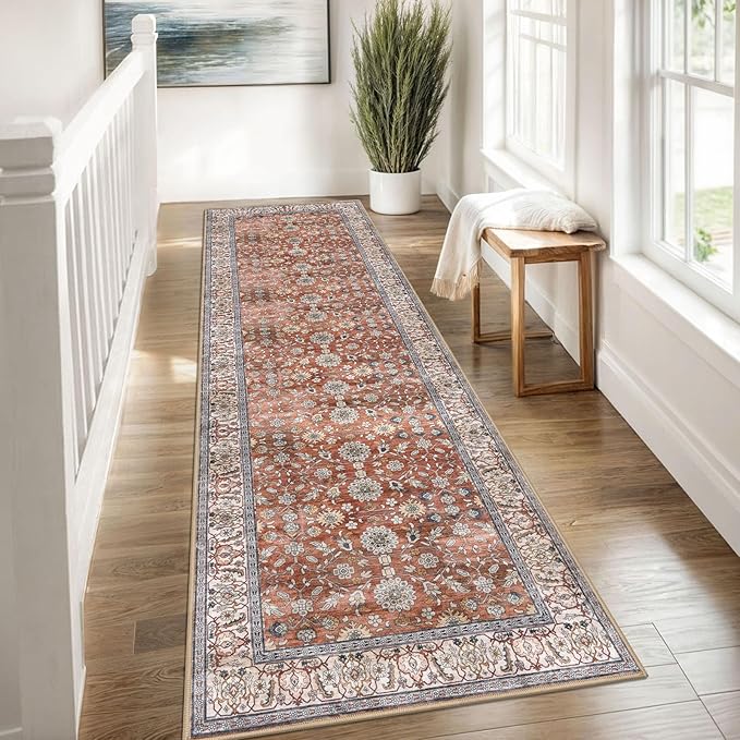 KUTA Vintage Washable Runner Rug, 2.6x8 Red Clay Runners for Hallways Non-Slip Kitchen Rugs Ultra Thin Soft Printed Distressed Oriental Floral Floor Carpet for Laundry Bedroom Living Room Nursery