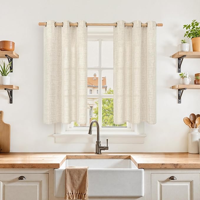YoungsTex Linen Kitchen Window Curtains 40 Inch Length, Short Light Filtering Drapes with Bronze Grommet Semi Sheer for Bathroom Cafe Decorative, 34 x 40 Inch, 2 Panels