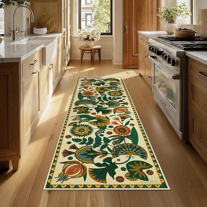 Joydeco Egypt Floral Boho Rug Runners for Hallways Entryway Non Slip, 2x6 Bathroom Kitchen Runner Rugs Non Skid Washable, Vintage Beige Carpet for Entrance Laundry Room Bed Beside