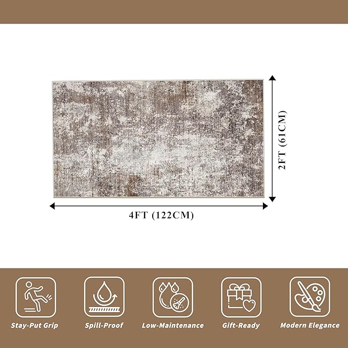 2x4 Washable Non-Slip Runner Rug – Small Throw Rug for Kitchen Floor, Bedroom, Entryway, Bathroom, Bedside – Modern Abstract Neutral Low-Pile Thin Indoor Door Mat (Brown Beige,2x4)