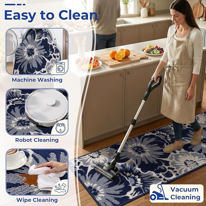 Findosom Hallway Runner Rug 2x6, Non Slip High-Low Textured Floral Washable Runner Rug with Rubber Backing, Boho Carpet Runner for Kitchen, Entryway, Bedroom, Laundry, Navy