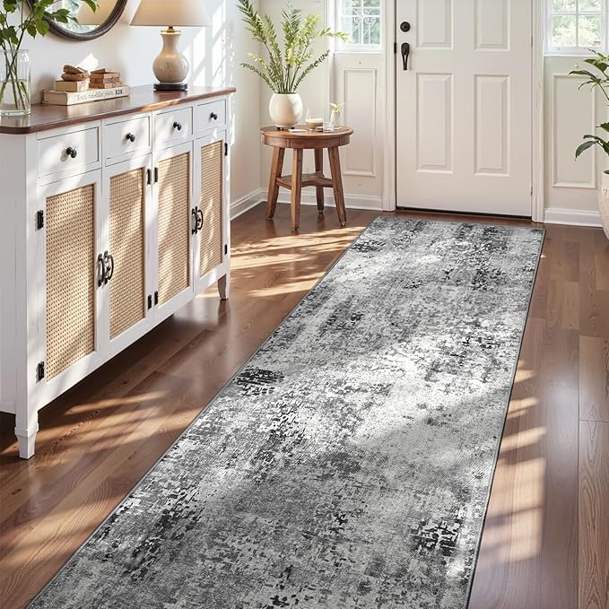 3x12 Grey Rug Runners for Hallways Kitchen Runner Rug Non Slip Washable Black Long Runner Rugs with Rubber Backing Soft Abstract Carpet Runner for Bedroom, Kitchen, Bathroom, Entryway
