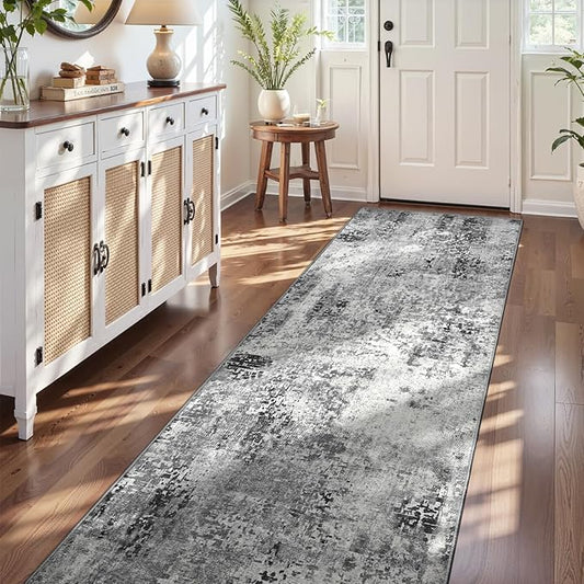 3x10 Grey Rug Runners for Hallways Kitchen Runner Rug Non Slip Washable Black Long Runner Rugs with Rubber Backing Soft Abstract Carpet Runner for Bedroom, Kitchen, Bathroom, Entryway