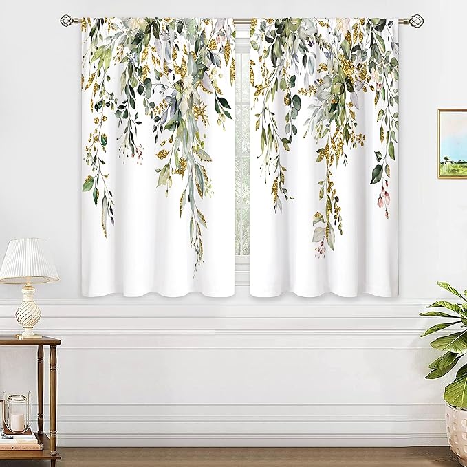 Eucalyptus Botanical Leaves Green Gold Floral Kitchen Window Curtains over Sink Farmhouse Flower Leaf Small Window Treatment Cafe Short Curtains for Bathroom Treatment Tier Drapes 27.5x39 inch