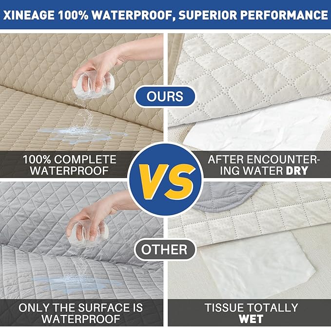 XINEAGE Quilted Sofa Cover Waterproof Couch Covers for 3 Cushion Couch, Super Soft Washable Slipcover with Pockets & Non-Slip Elastic Straps, Thick Furniture Protector (Sofa, Khaki)