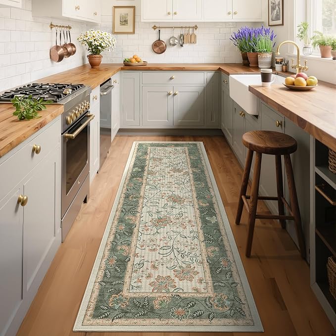 GarveeHome 2x6 Washable Runner Rug for Bedroom, Soft Botanical Floral Kitchen Runner with Non Slip Backing Sage Green Farmhouse Laundry Mat Stain Resistant Carpet for Hallway Bathroom Beside Rug