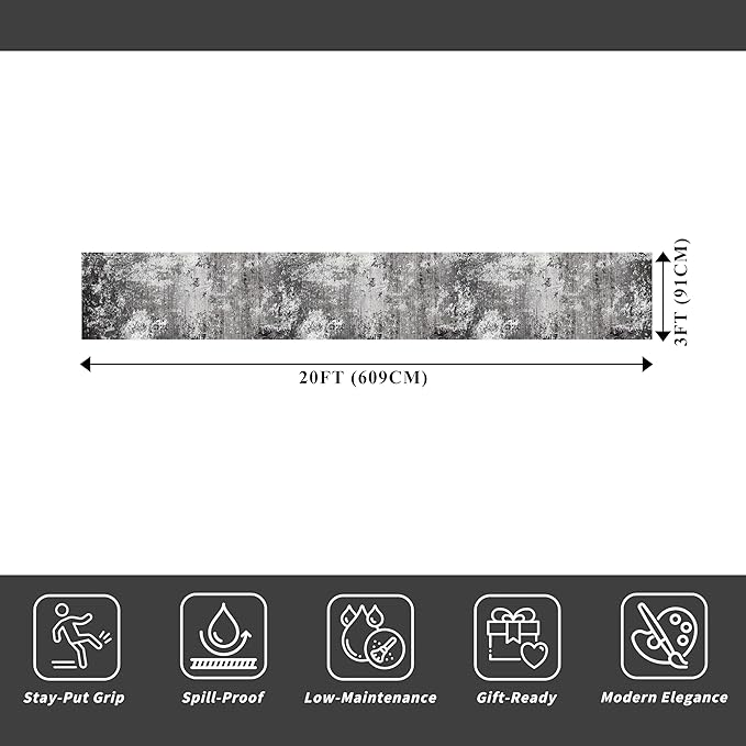 3x20 ft Extra Long Hallway Runner Rug - Non-Slip Washable Floor Runner with Rubber Backing, Modern Low Pile Thin Wide Carpet for Entryway, Kitchen, Living Room (Black Grey, 3x20)